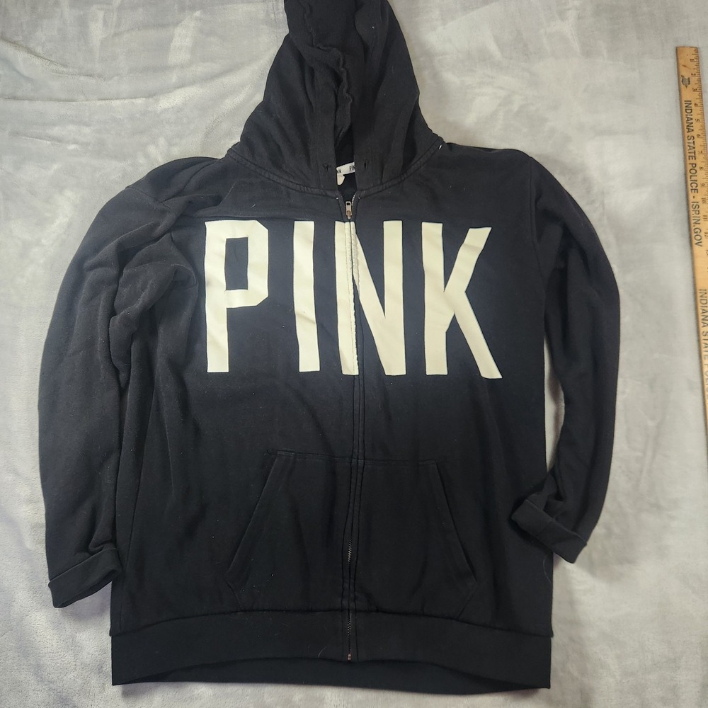 Victoria Secret Sz M Womens Black Pink Logo Fleece Hooded‎ Zip Jacket Y2K  90s